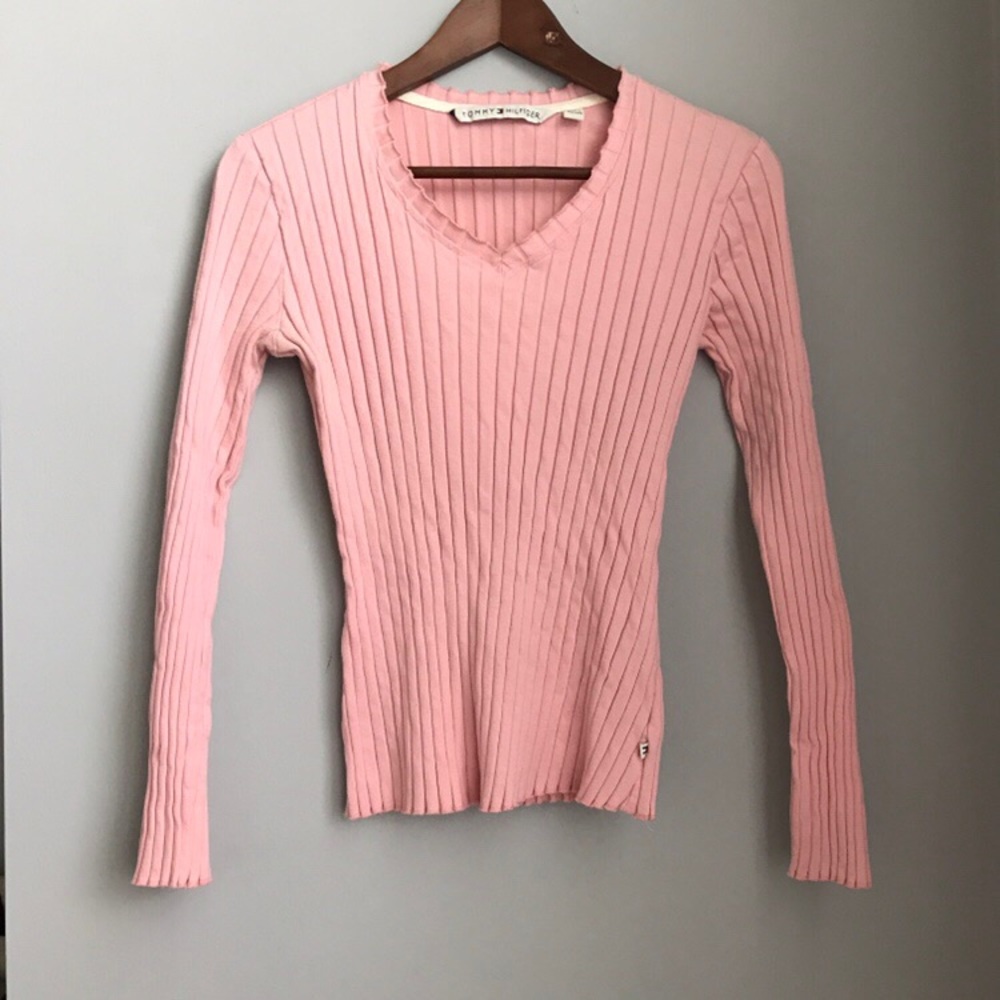 Tommy Hilfiger pink v-neck ribbed long sleeve top